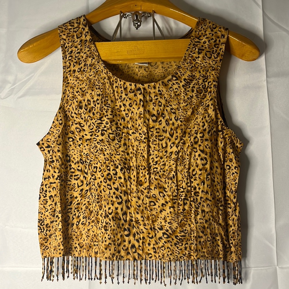 Women’s Key Lime Pie Cheetah print Crop Top, Bead tassels, Size L, Excellent!!